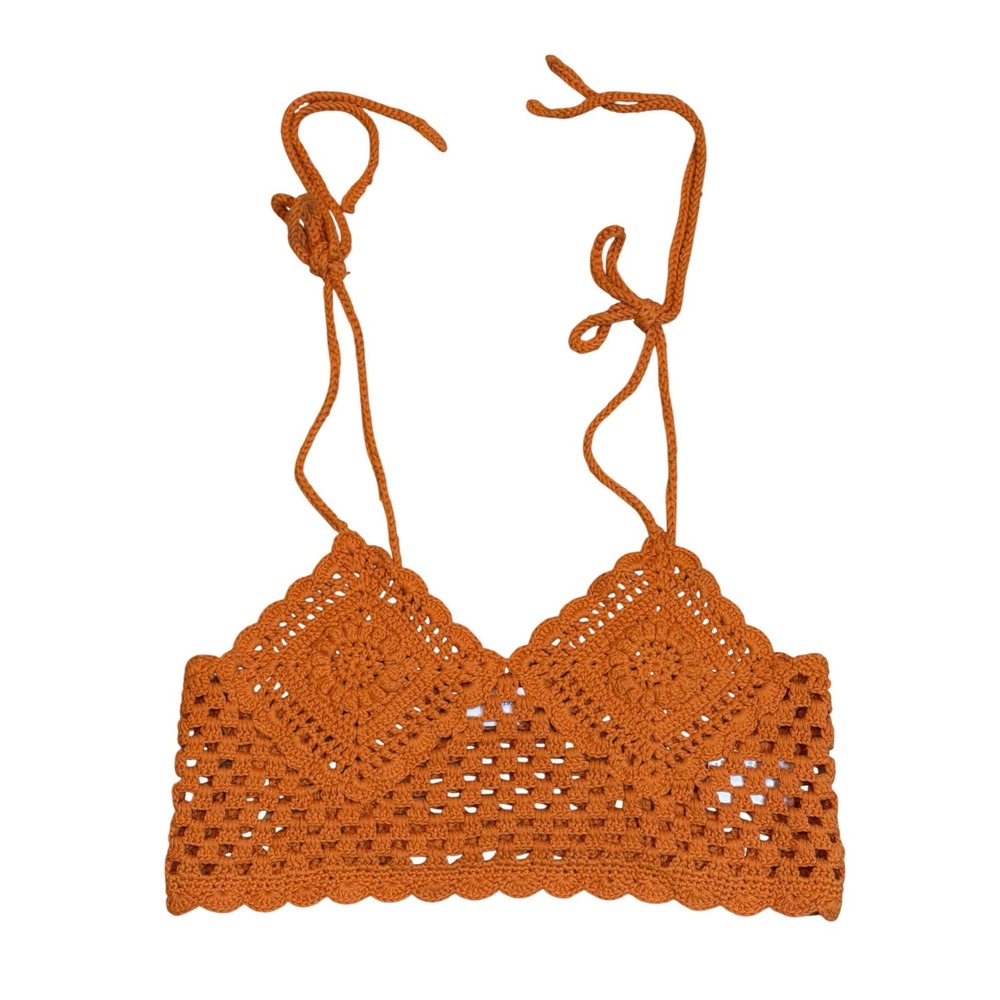 Lovers and Friends Burnt Orange‎ Crochet Bralette Halter Crop Top Small  Cotton